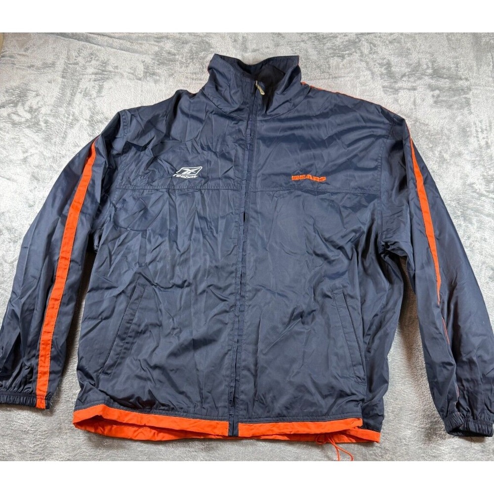 Vtg Reebok Chicago Bears Jacket Men XL Navy Blue Orange NFL Onfield Zip Up Coat